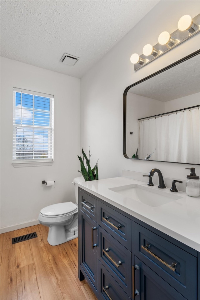 bathroom with visible vents, vanity, a textured ceiling, and wood finished floors