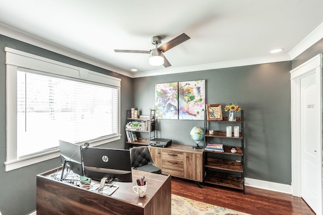 office area with wood finished floors, crown molding, baseboards, and ceiling fan