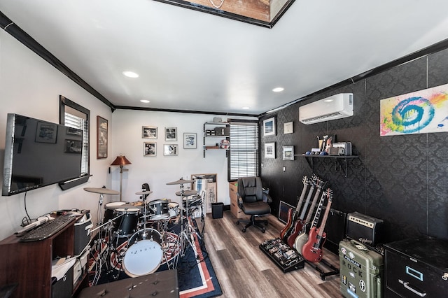 rec room featuring crown molding, a wall mounted AC, wood finished floors, and recessed lighting