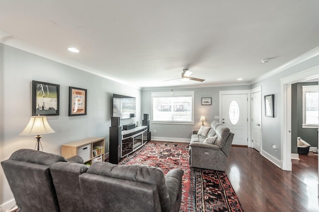 living room with baseboards, dark wood-style floors, and ornamental molding