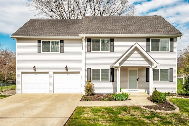 view of front of property featuring a garage, roof with shingles, concrete driveway, and fence