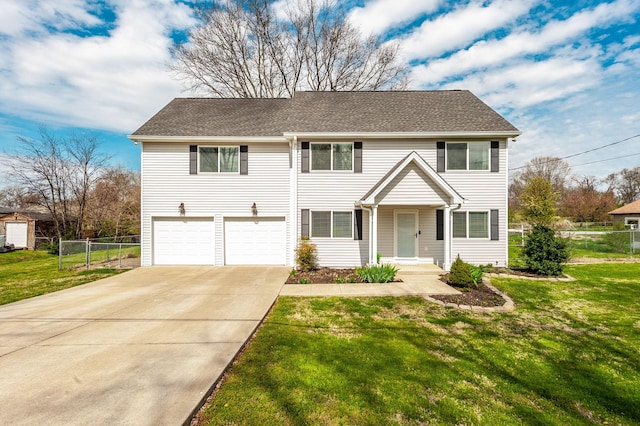view of front of house featuring fence, driveway, a front yard, a garage, and a shingled roof