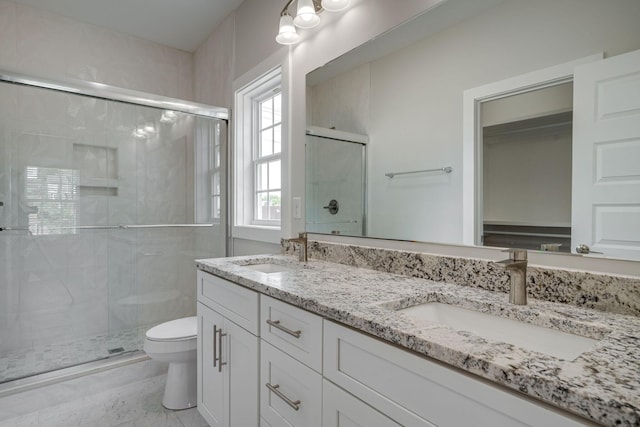 bathroom with double vanity, a shower stall, toilet, and a sink