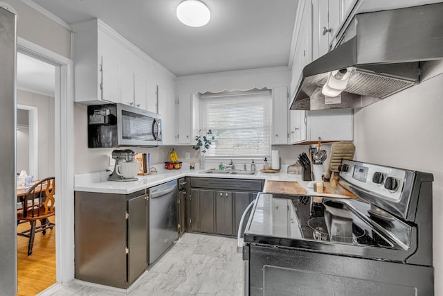 kitchen featuring under cabinet range hood, a sink, marble finish floor, light countertops, and appliances with stainless steel finishes