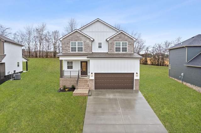 craftsman-style house featuring board and batten siding, cooling unit, driveway, and a porch