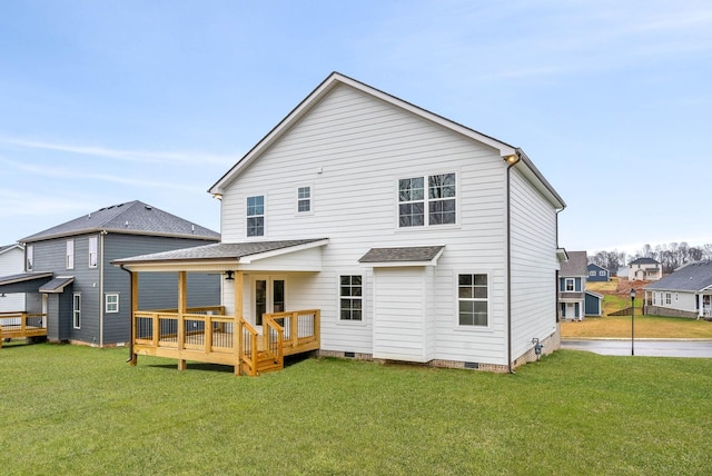 back of house with a deck, a yard, crawl space, and roof with shingles