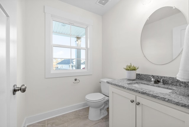 half bathroom with toilet, baseboards, visible vents, and vanity