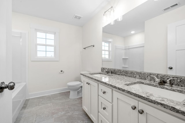 full bathroom with visible vents, a sink, and baseboards