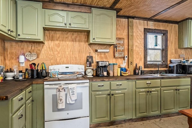 kitchen featuring white electric stove, dark countertops, wooden ceiling, wood walls, and a sink