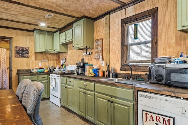 kitchen with wooden ceiling, green cabinets, a sink, wood walls, and white appliances
