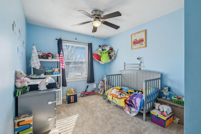 bedroom featuring carpet flooring and ceiling fan