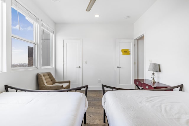 bedroom featuring recessed lighting, ceiling fan, baseboards, and wood finished floors