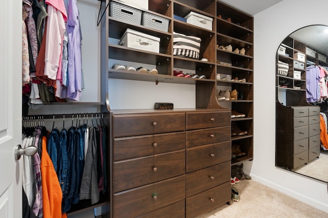 walk in closet with light colored carpet