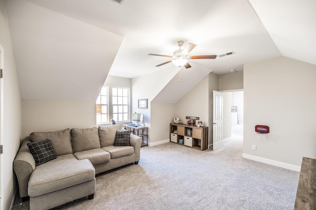 living room with light carpet, baseboards, visible vents, and lofted ceiling