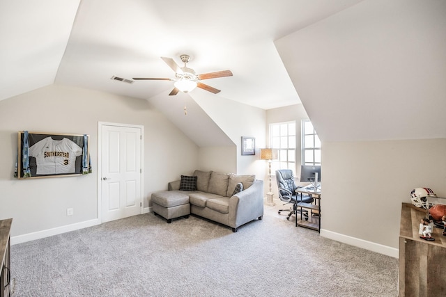 carpeted living room with ceiling fan, baseboards, visible vents, and vaulted ceiling