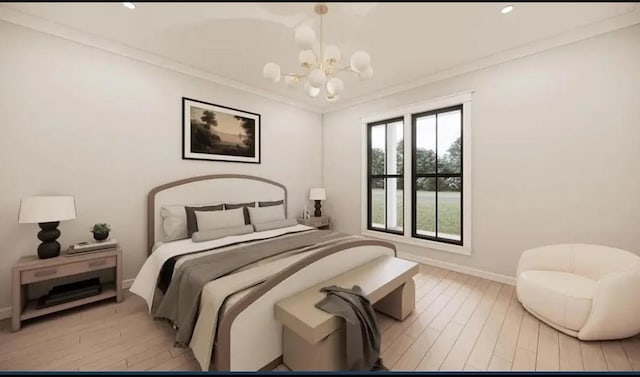 bedroom with a chandelier, light wood-type flooring, baseboards, and crown molding