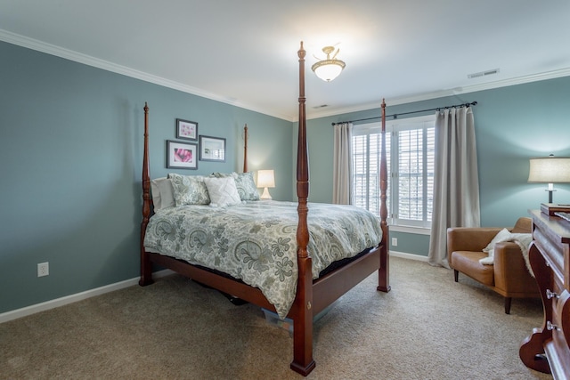 bedroom with baseboards, visible vents, carpet flooring, and ornamental molding