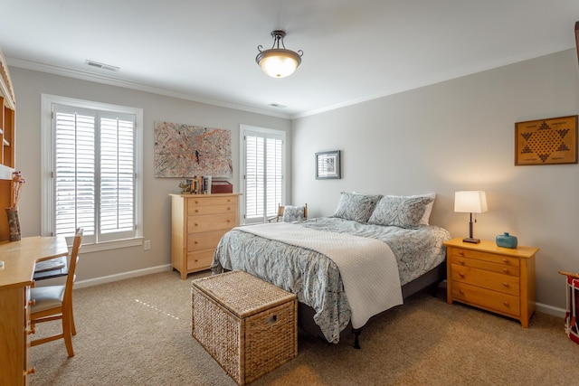 bedroom with ornamental molding, light colored carpet, visible vents, and multiple windows