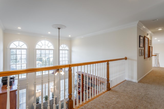 hall with ornamental molding, carpet, recessed lighting, and baseboards