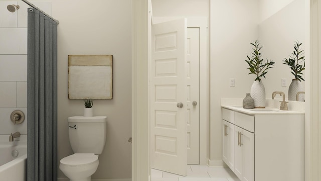 full bath with toilet, vanity, baseboards, tile patterned floors, and shower / tub combo with curtain