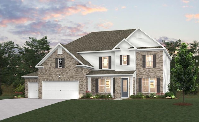 view of front of home featuring an attached garage, brick siding, a shingled roof, driveway, and a lawn