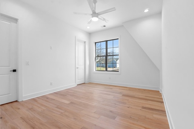 interior space featuring light wood finished floors, recessed lighting, visible vents, a ceiling fan, and baseboards