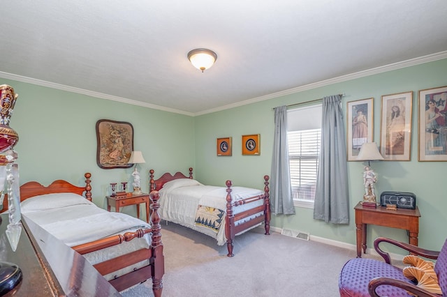 bedroom featuring baseboards, carpet flooring, visible vents, and crown molding