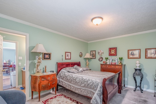 carpeted bedroom featuring crown molding, a textured ceiling, and baseboards