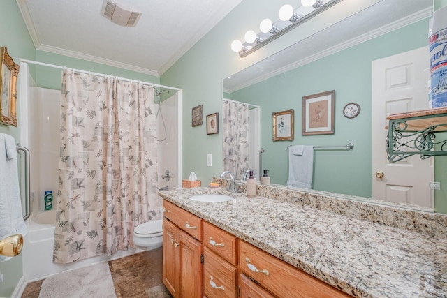 bathroom featuring crown molding, shower / bath combination with curtain, visible vents, toilet, and vanity