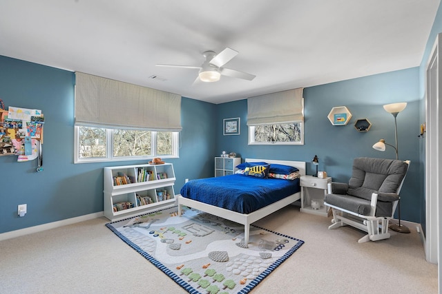 bedroom with visible vents, carpet floors, a ceiling fan, and baseboards