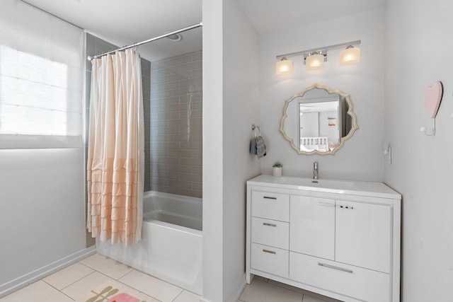 bathroom with shower / bath combo with shower curtain, vanity, and tile patterned floors