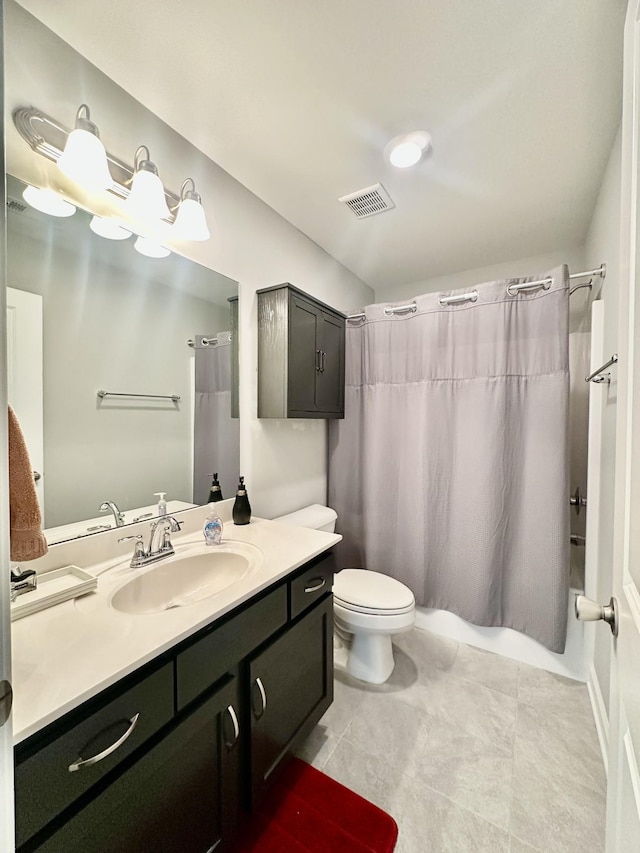 bathroom with shower / tub combo with curtain, visible vents, toilet, vanity, and tile patterned flooring