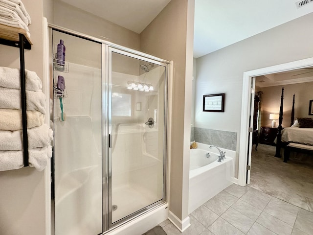 full bathroom with tile patterned flooring, connected bathroom, visible vents, a bath, and a stall shower