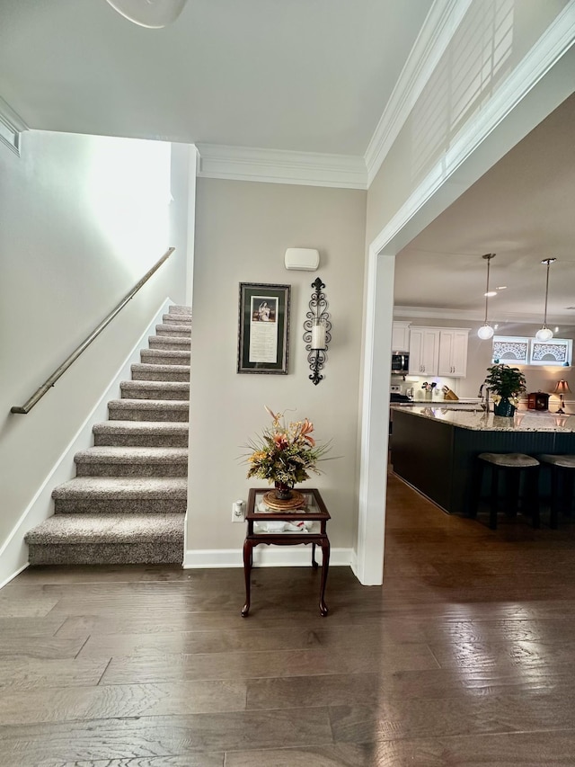 interior space featuring crown molding, baseboards, and wood finished floors