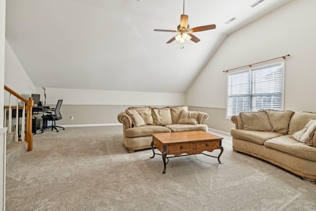 living area featuring light colored carpet, visible vents, vaulted ceiling, ceiling fan, and baseboards