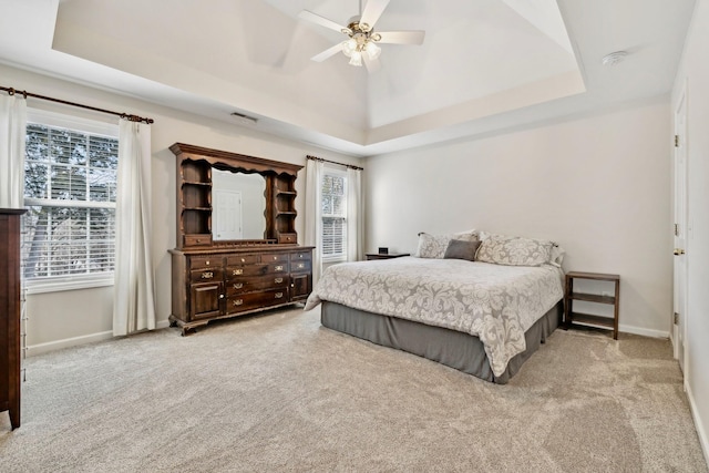 bedroom featuring multiple windows, baseboards, and a raised ceiling