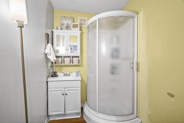 bathroom featuring a stall shower and vanity