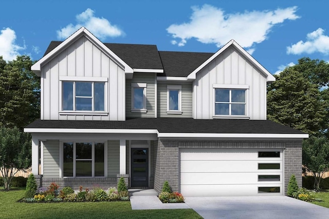 view of front facade featuring a garage, brick siding, driveway, a front lawn, and board and batten siding