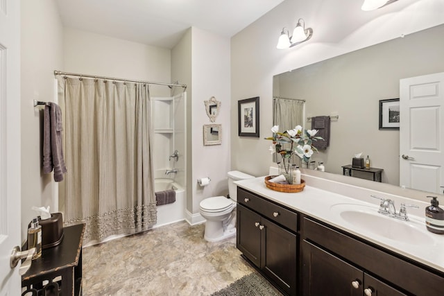 full bathroom with toilet, shower / bath combination with curtain, and vanity