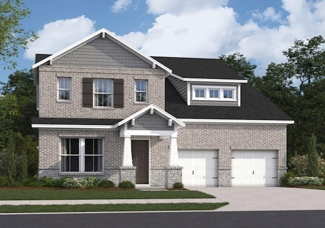 craftsman-style house with concrete driveway, brick siding, and an attached garage