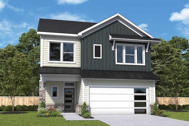 view of front of house featuring a garage, a standing seam roof, board and batten siding, and fence