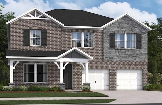 view of front of home featuring driveway, an attached garage, and brick siding