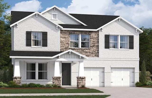 craftsman-style house with a garage, driveway, and brick siding