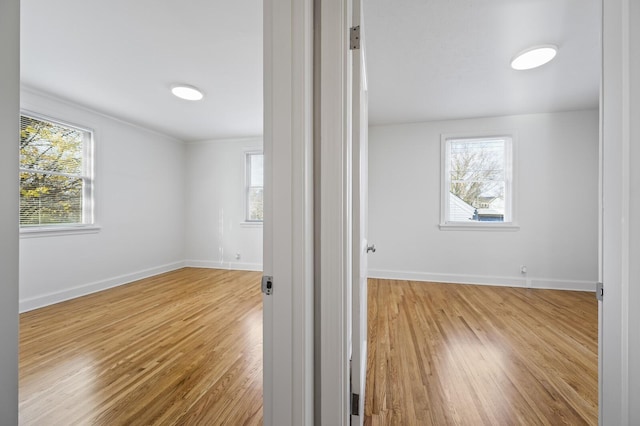 empty room featuring light wood-type flooring, a wealth of natural light, and baseboards