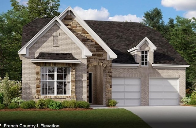 view of front of house with a shingled roof, concrete driveway, brick siding, and an attached garage