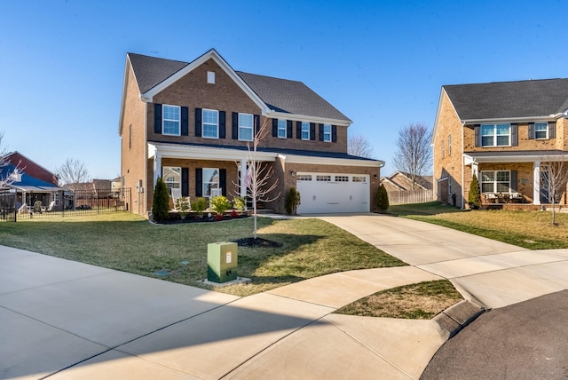 view of front of home featuring a garage, concrete driveway, fence, and a front lawn