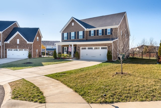 view of front facade featuring brick siding, fence, a garage, driveway, and a front lawn