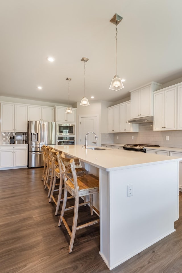 kitchen with appliances with stainless steel finishes, a sink, under cabinet range hood, and tasteful backsplash