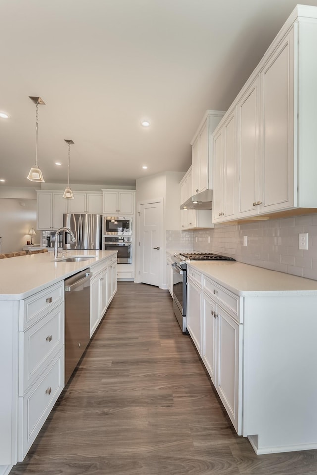 kitchen with appliances with stainless steel finishes, dark wood finished floors, white cabinets, and a sink