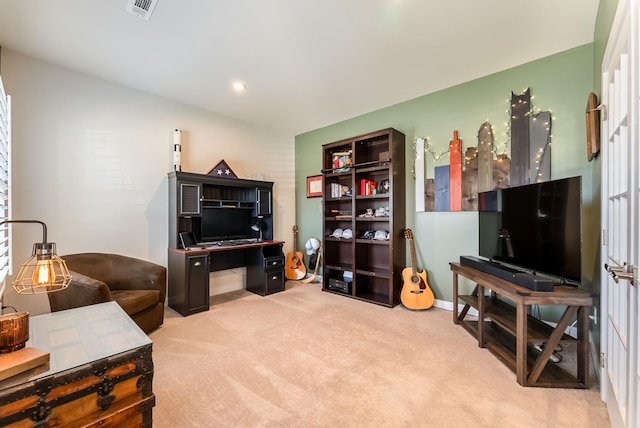 office featuring carpet, visible vents, and recessed lighting